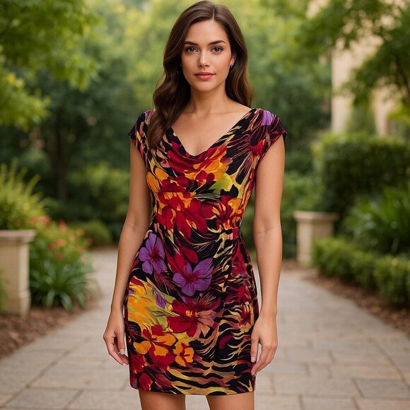 Y2K Cache Women Floral Cowl Neck Dress L Tropical Jungle Print Bodycon Vacation - Picture 3 of 6